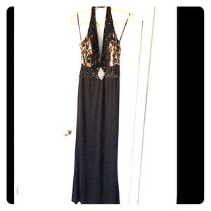 Terani Low-Cut, Floor-Length Halter Gown